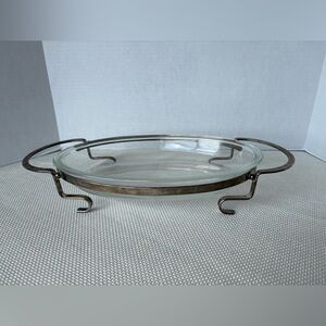 Vintage Oval Glass Casserole serving platter with Silverplate Footed Stand